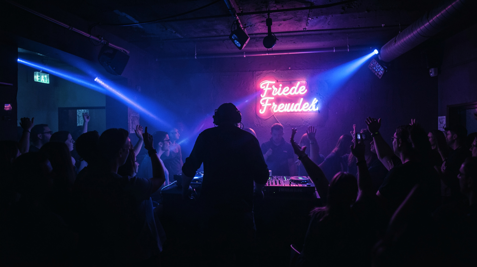 A dark German dance house club with a DJ silhouette, laser light and a neon sign reading Friede Freude Musik