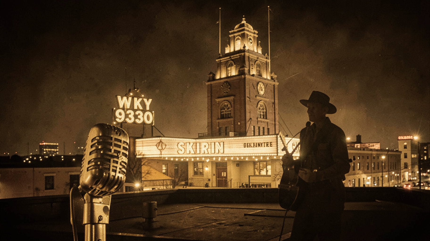 A vintage 1930s hotel rooftop radio studio in Oklahoma City with a glowing WKY 930 sign atop the Skirvin Hotel tower