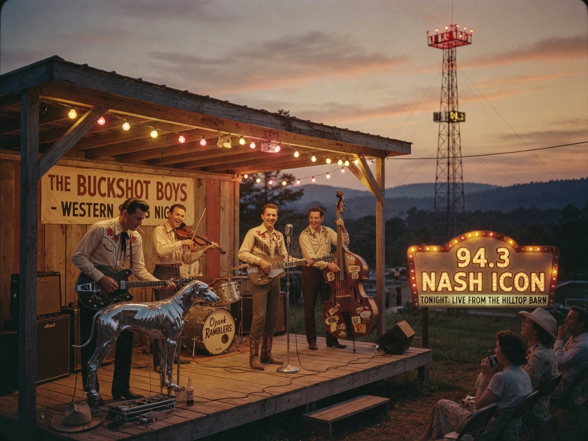 A vintage 1950s western swing band performing on a small Ozark stage at dusk with a radio tower glowing in the background and a marquee reading 94.3 Nash Icon