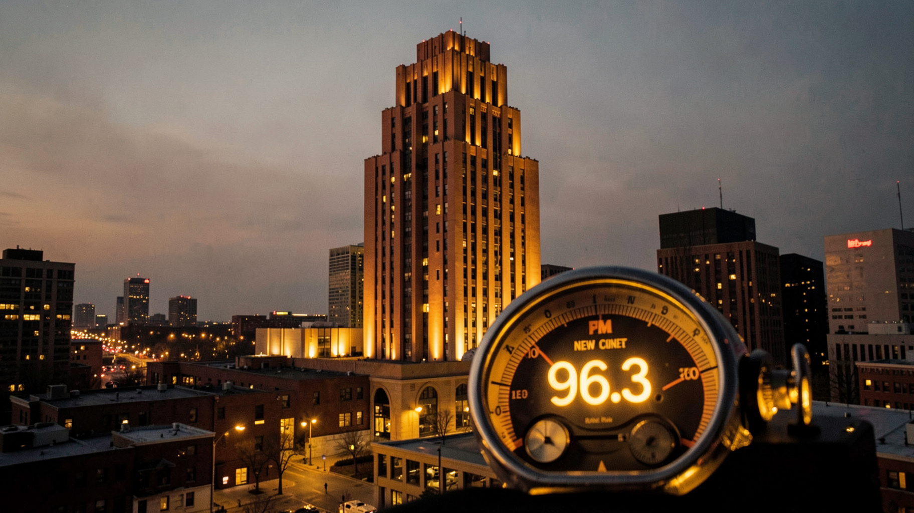 The Art Deco Fisher Building in Detroit glowing at dusk