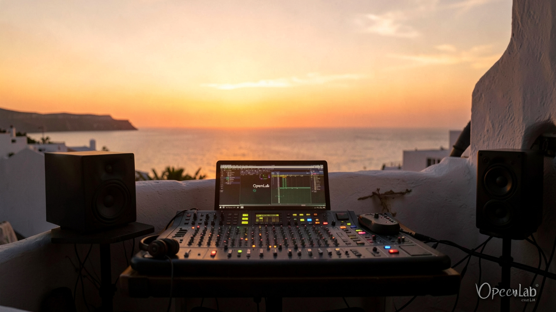 An Ibiza rooftop studio at sunset with turntables silhouetted against the sky and a mixing desk screen reading OpenLab
