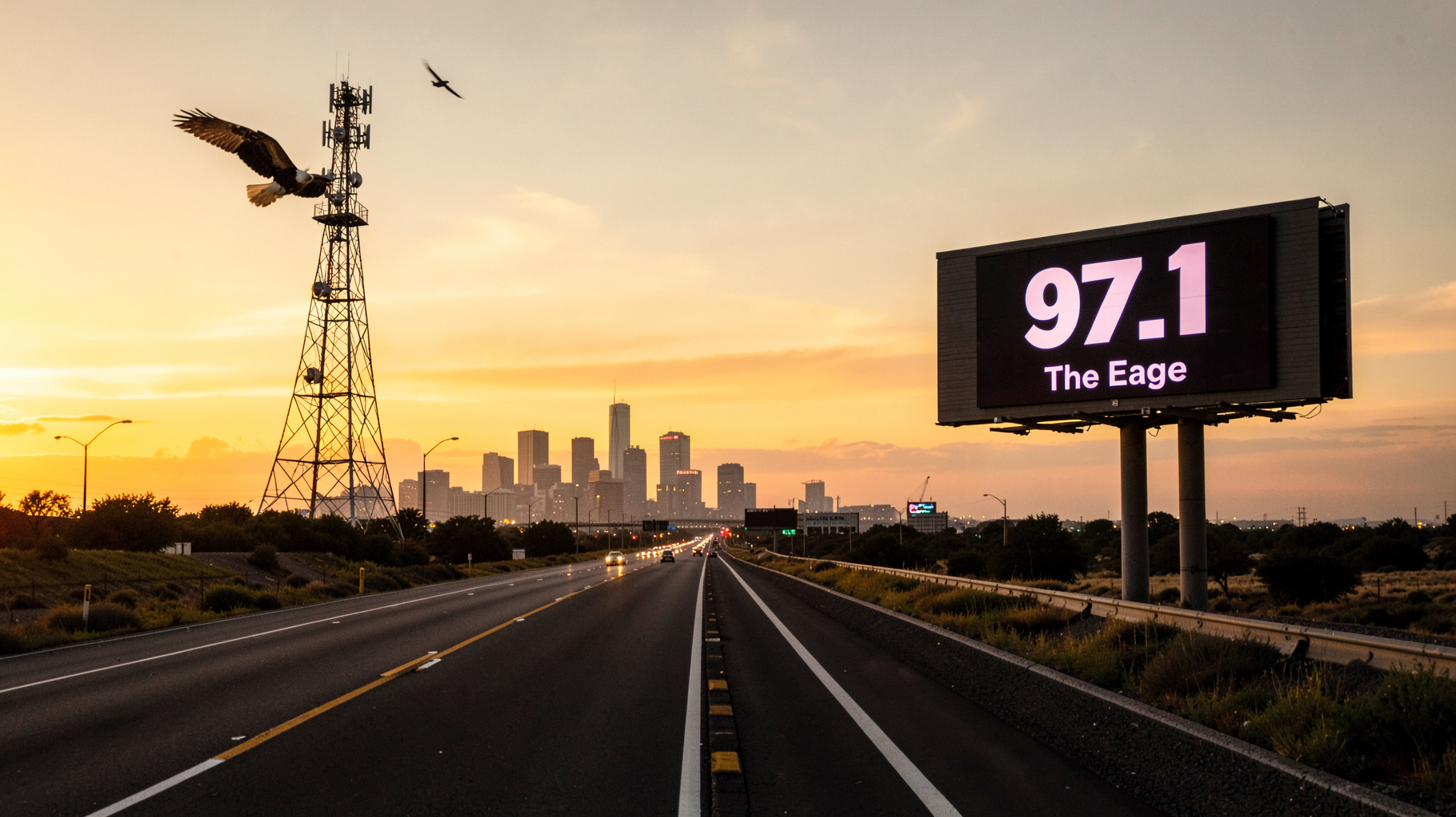 A Texas highway at sunset with an eagle soaring above a radio tower and a billboard reading 97.1 The Eagle