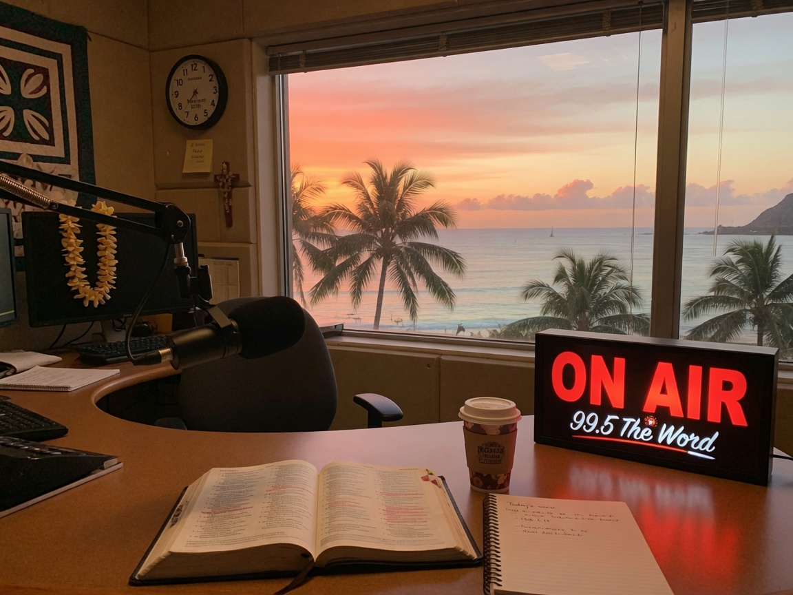 A radio studio in Honolulu overlooking the ocean at sunrise with an on-air sign reading 99.5 The Word, inspired by 99.5 The Word