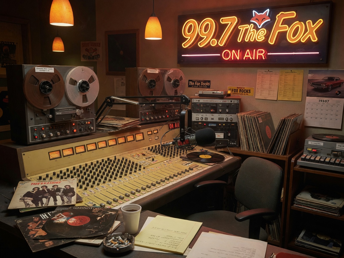 A vintage FM radio broadcast studio with analog dials, tape decks, and a glowing 99.7 The Fox sign above the mixing board