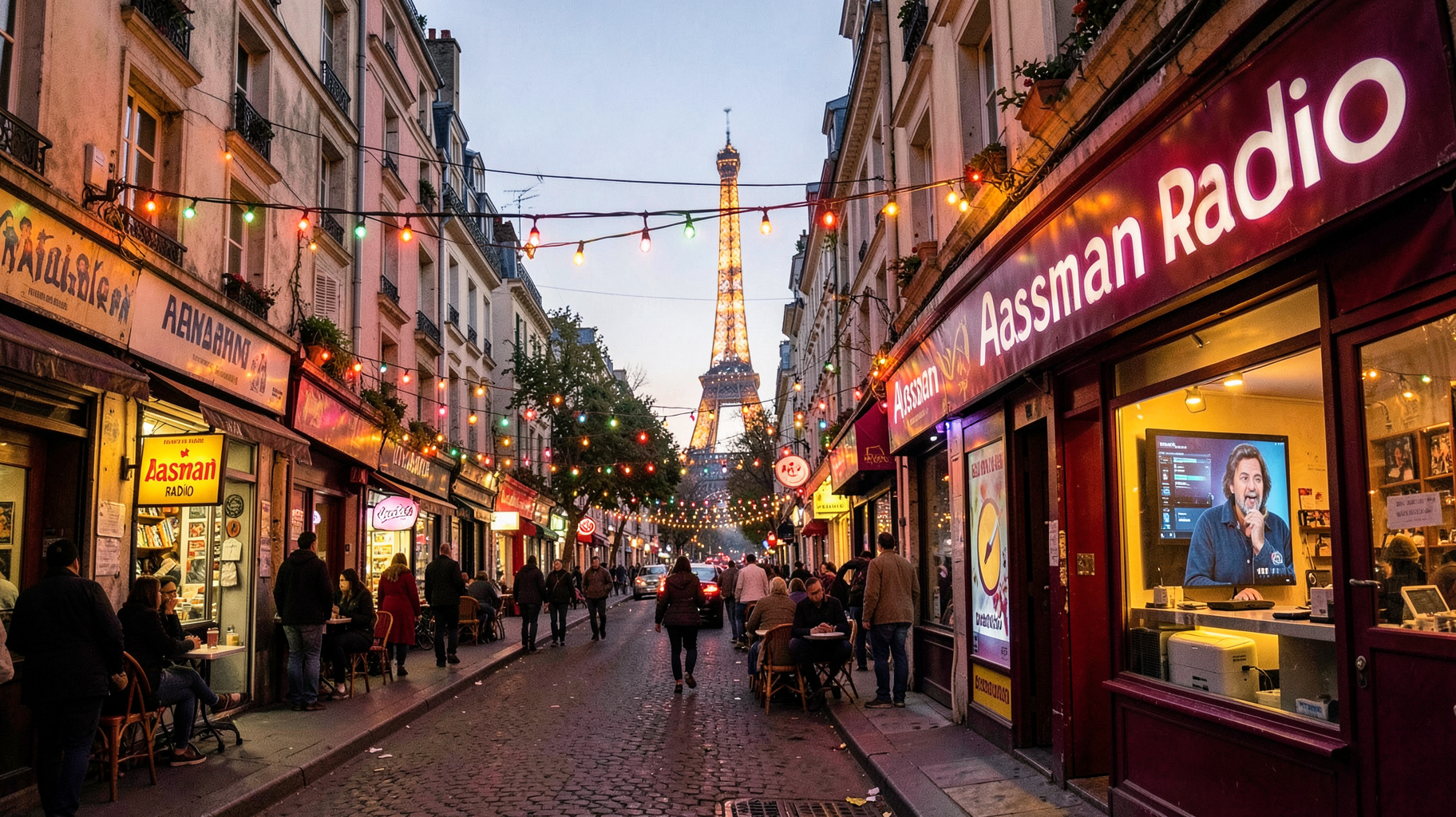 A warm evening street scene in a South Asian neighborhood of Paris with the Eiffel Tower in the distance and a storefront sign reading Aasman Radio