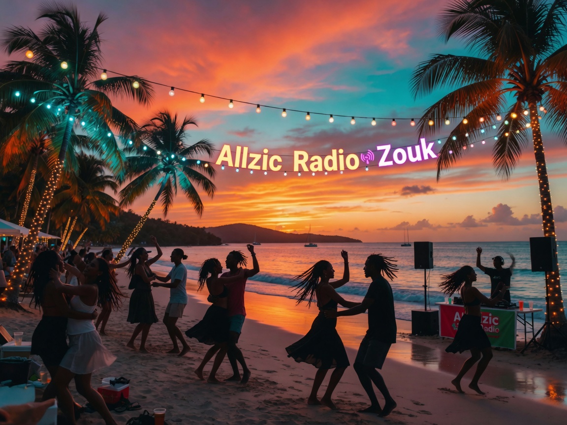 A vibrant Caribbean beach dance party at sunset with string lights spelling Allzic Radio Zouk