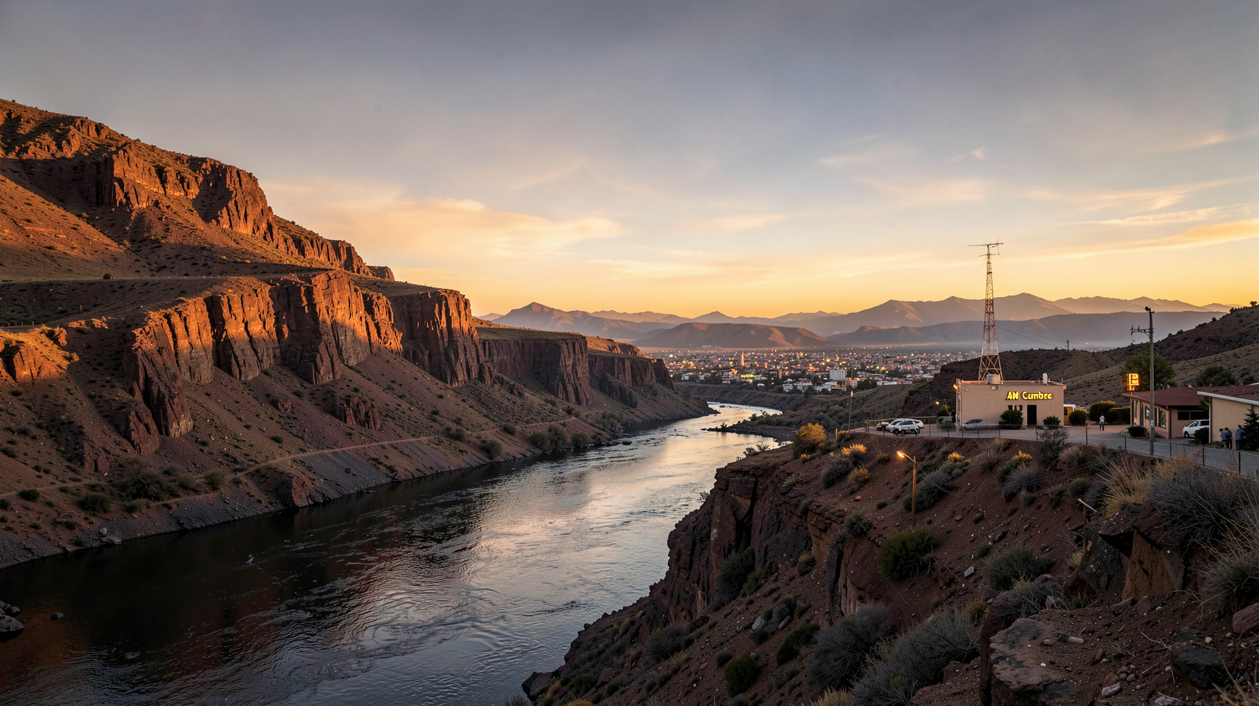 The confluence of two rivers near Neuquén, Patagonia, at sunset with a radio tower and AM Cumbre 1400 sign