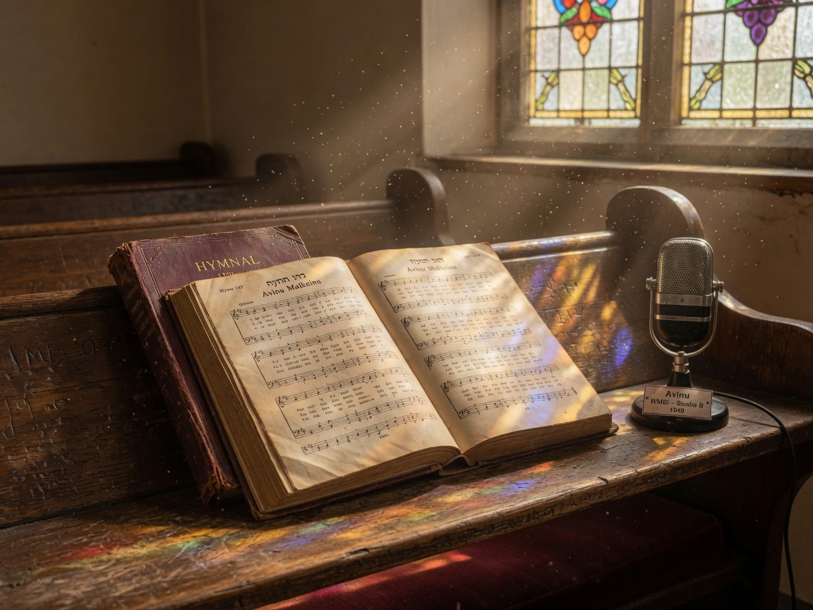 An open antique hymnal on a wooden church pew lit by golden light through a stained glass window, a small radio microphone beside it labeled Avinu