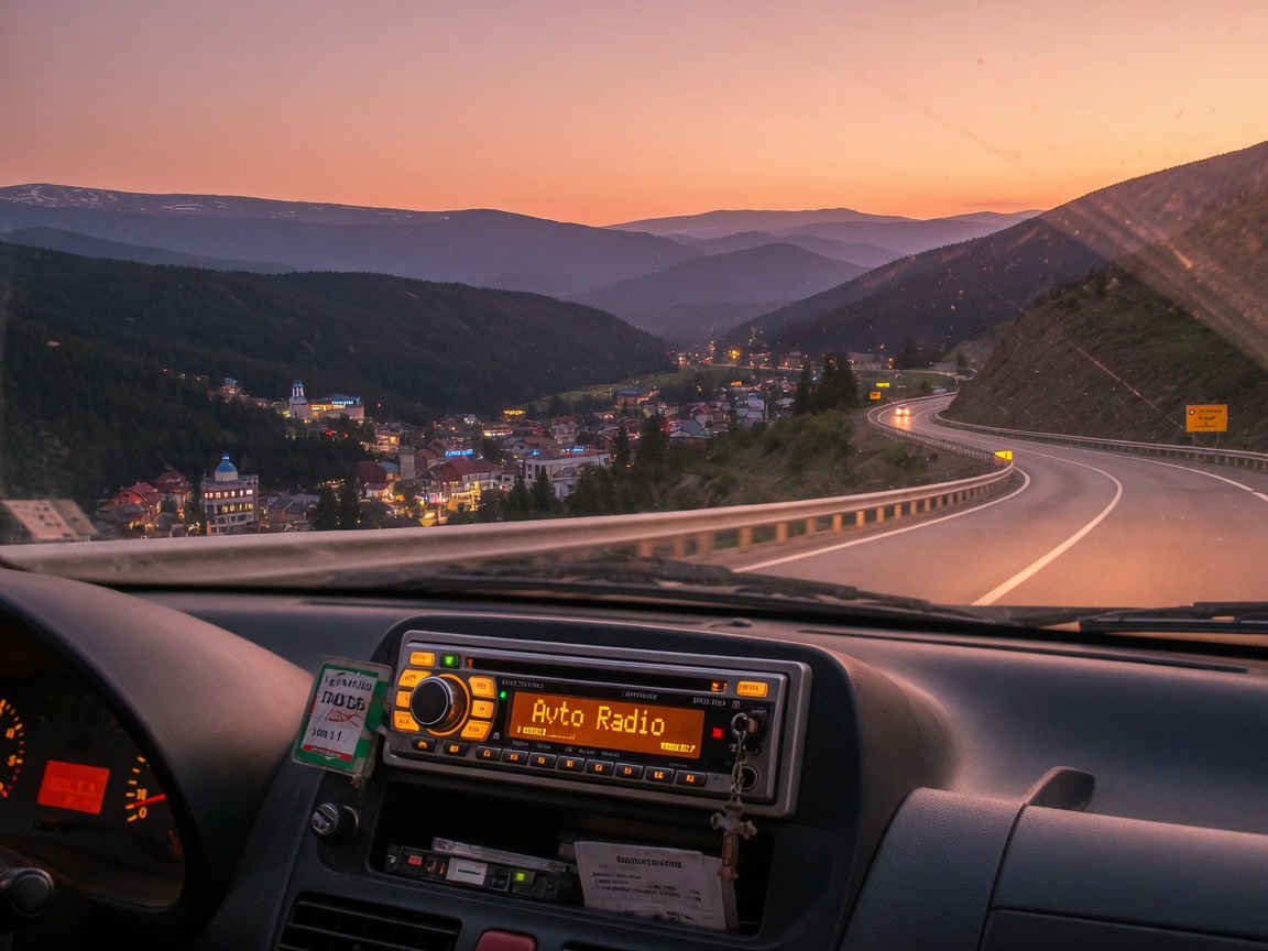 A car dashboard radio glowing at dusk on a Bulgarian mountain highway, reading Avto Radio, inspired by Avto Radio