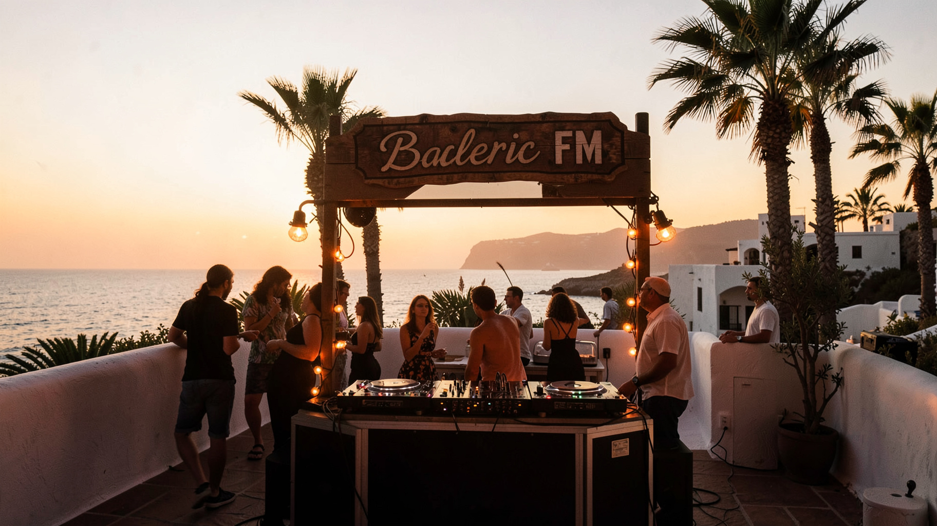 An Ibiza sunset terrace with a DJ booth and a sign reading Balearic FM