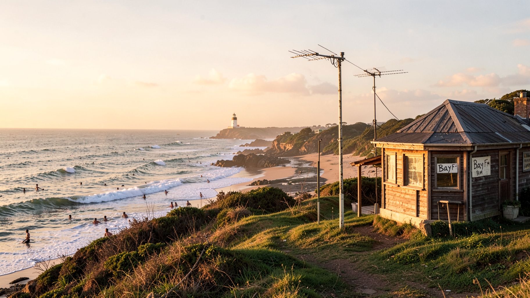 The Byron Bay lighthouse at golden hour with a community radio antenna and a timber studio building signed Bay FM