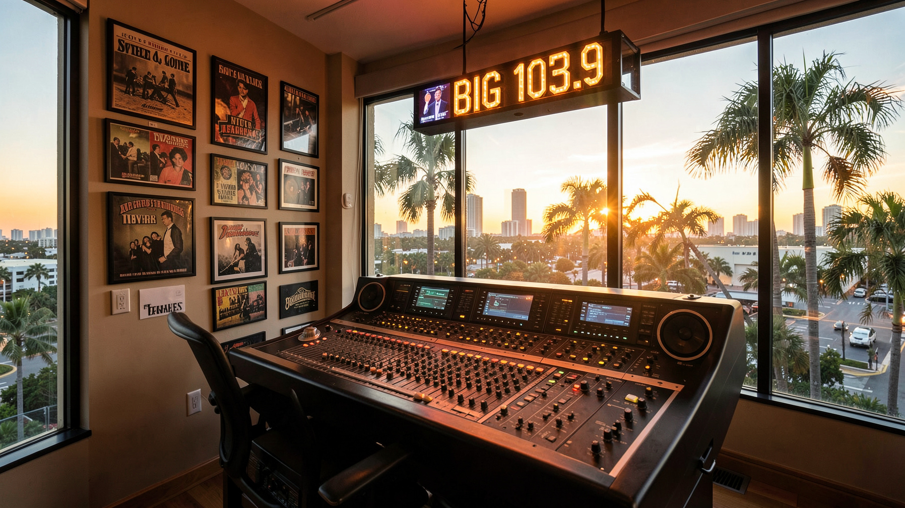 Radio studio overlooking the Miami skyline with a BIG 105.9 sign