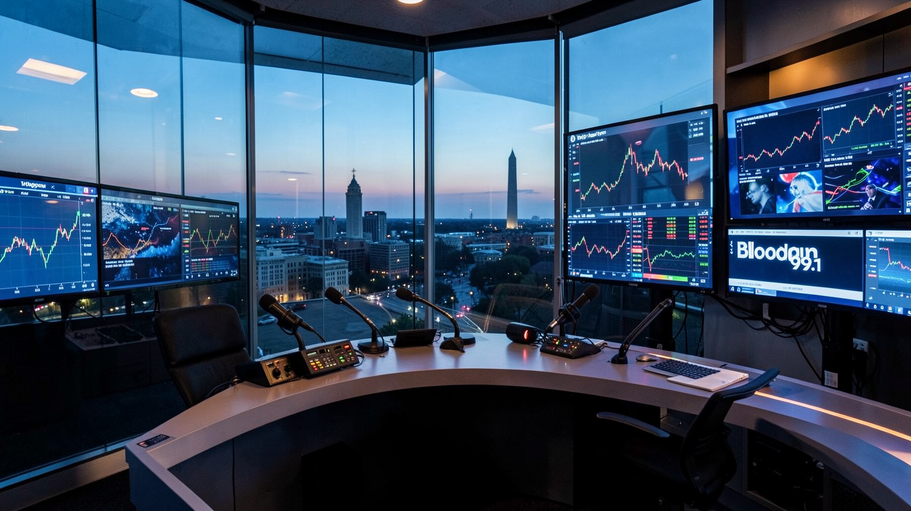Modern broadcast newsroom overlooking Washington DC with market data screens