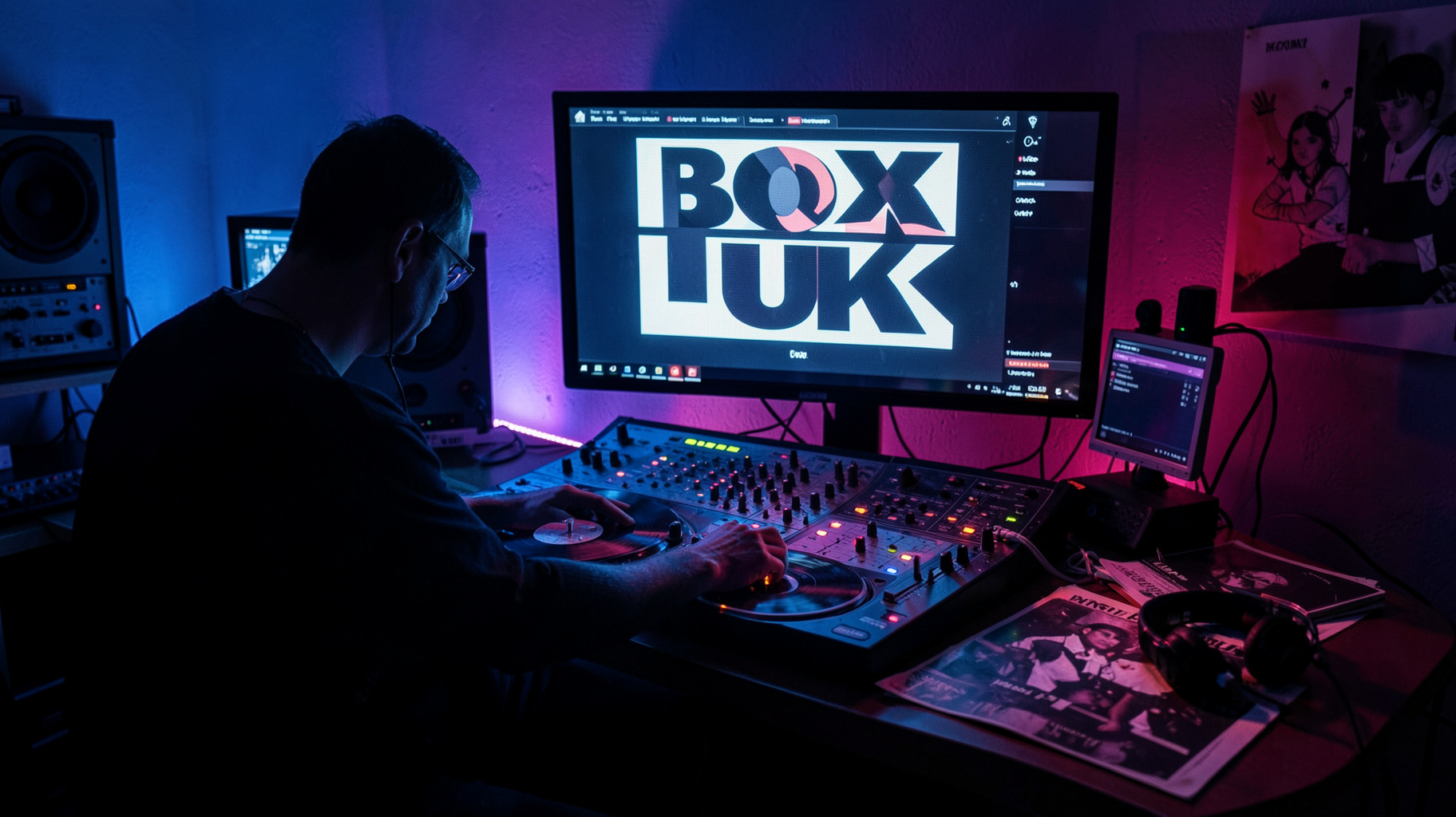 A DJ silhouette at the decks in a London radio studio with a screen reading BOX UK