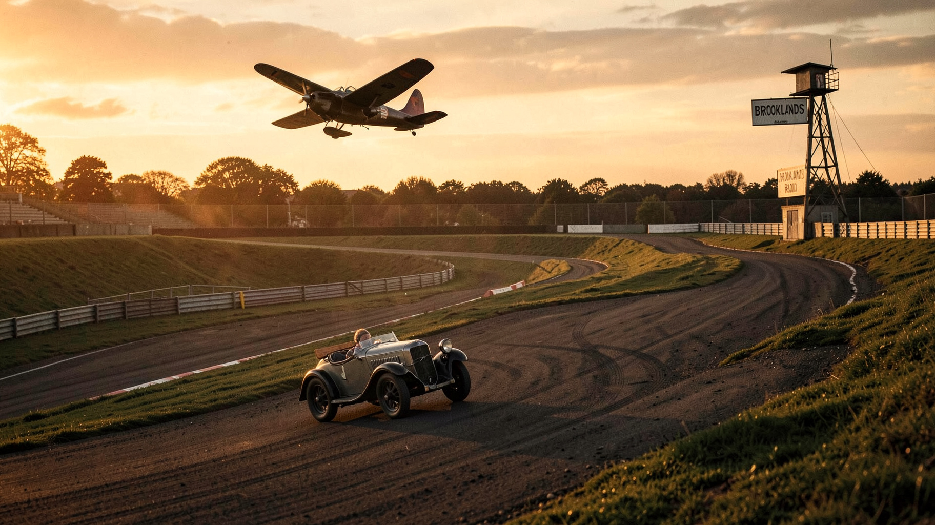 The historic banked Brooklands racing track at golden hour with a vintage race car and a radio tower sign reading BROOKLANDS RADIO