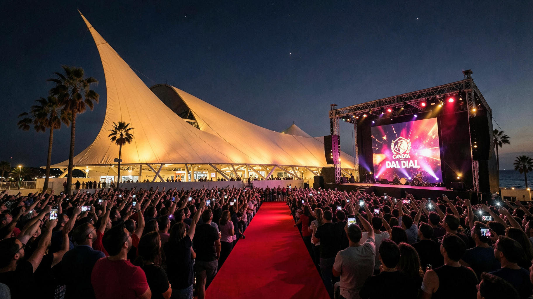 The Auditorio de Tenerife lit up for a music awards night with a stage screen reading Cadena Dial