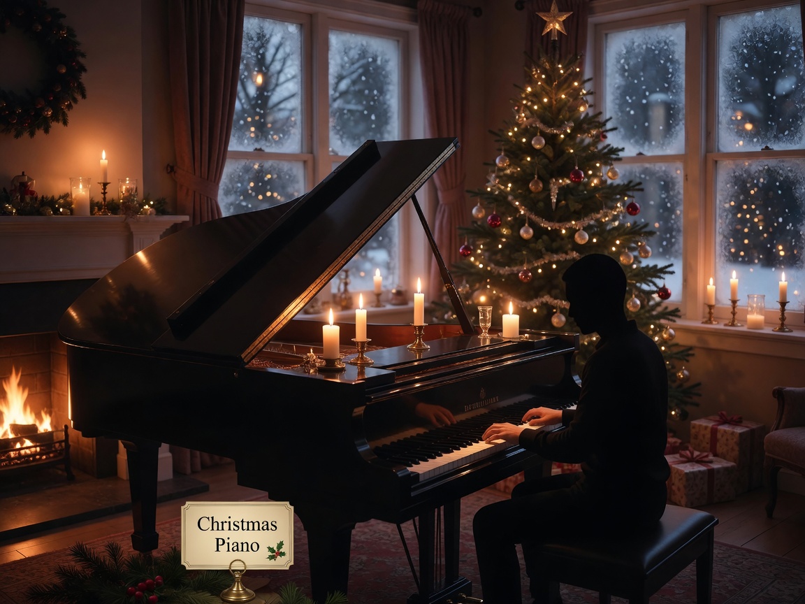Candlelit grand piano beside a Christmas tree, snow falling outside, inspired by Christmas Piano by Epic Piano