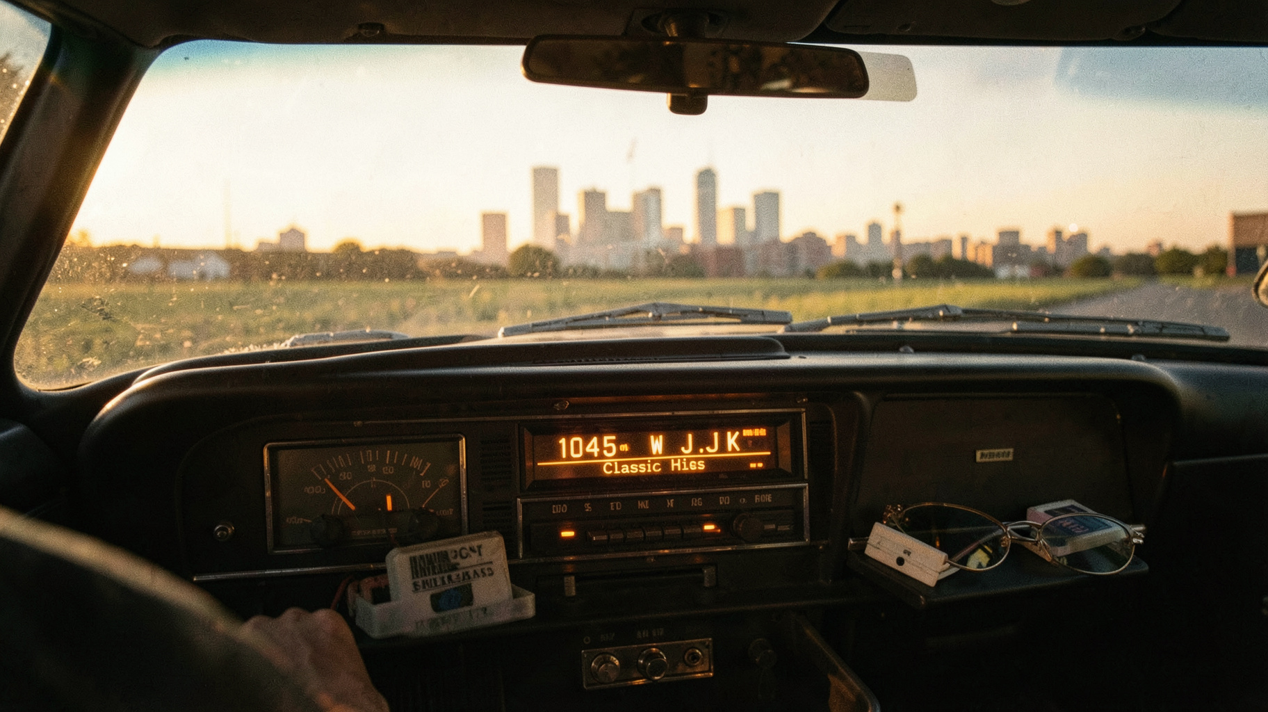 A vintage car dashboard with a glowing radio display reading 104.5 WJJK Classic Hits and the Indianapolis skyline ahead