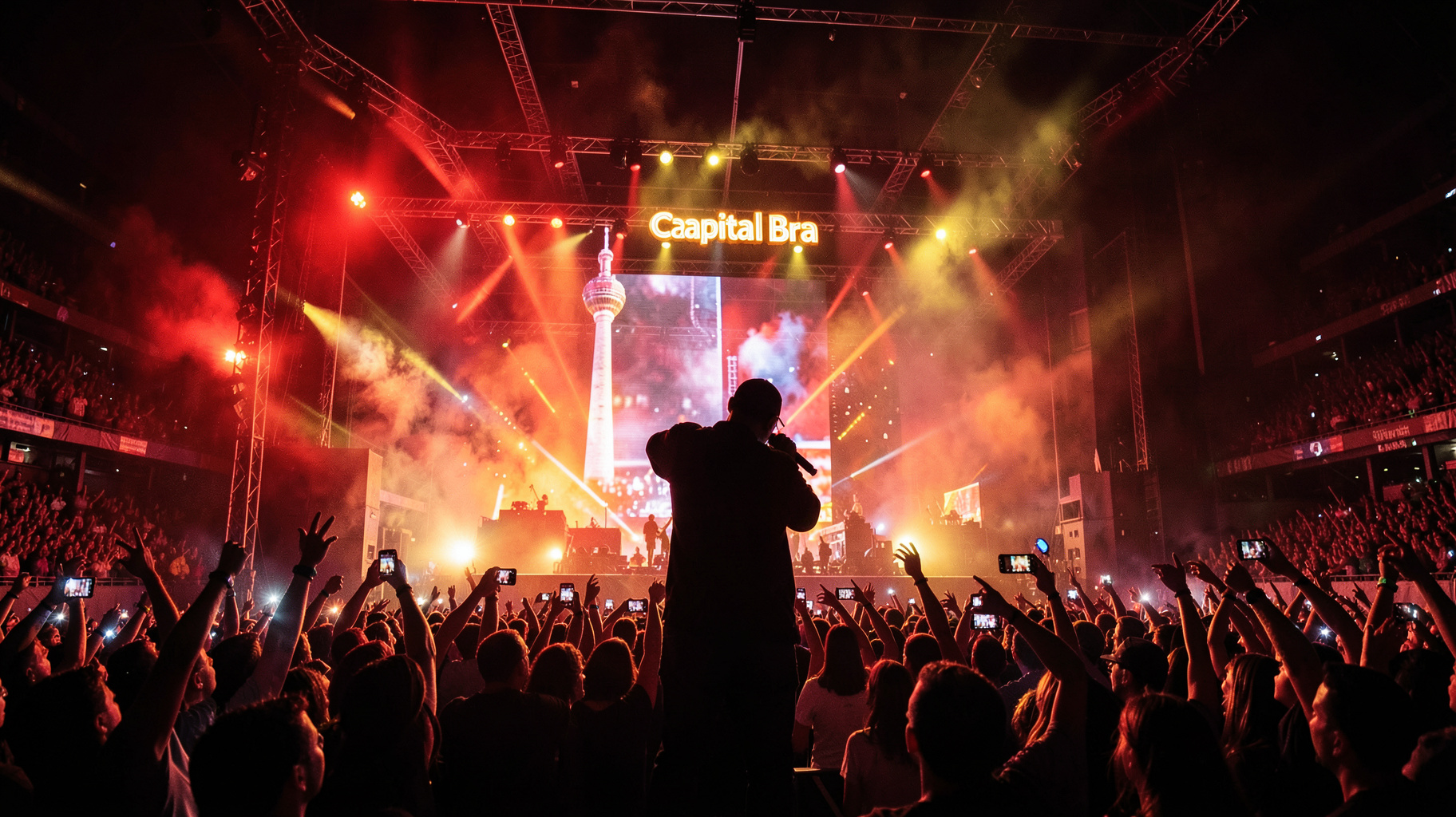 A rapper performing at a Berlin arena concert with a marquee sign reading Capital Bra