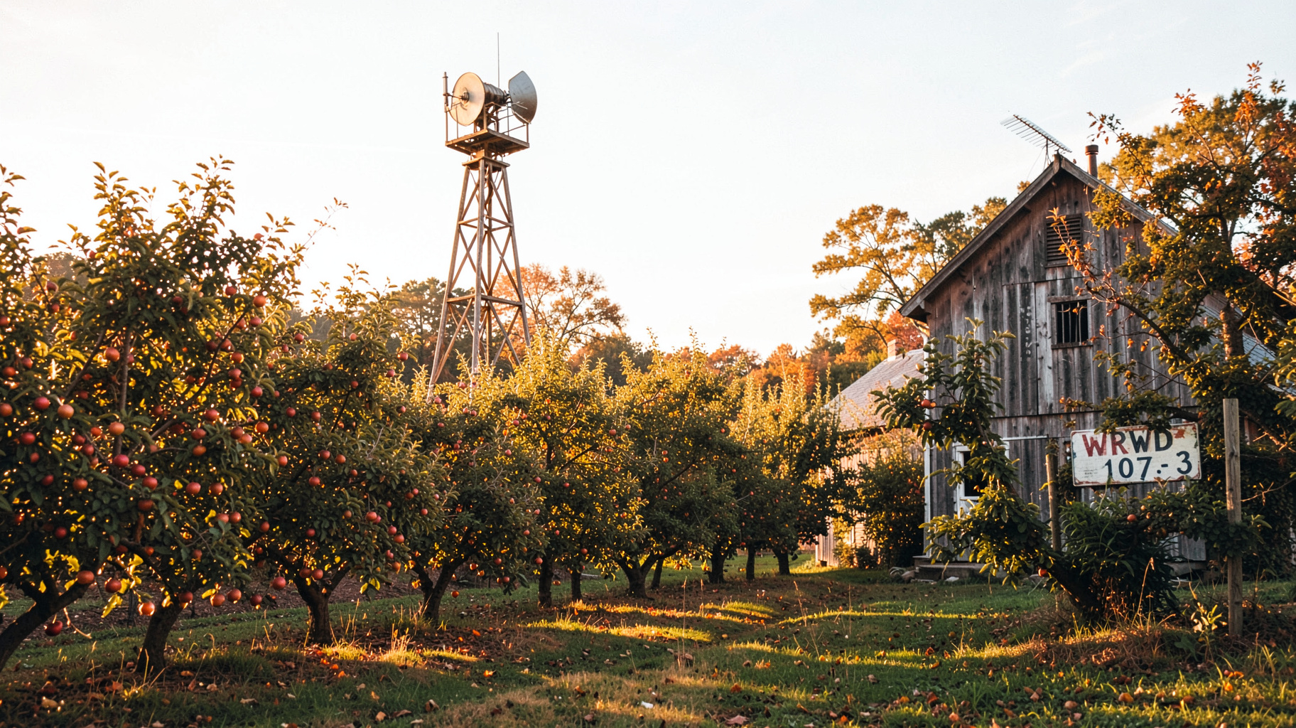 A golden-lit Hudson Valley apple orchard with a radio tower and a sign reading WRWD 107.3
