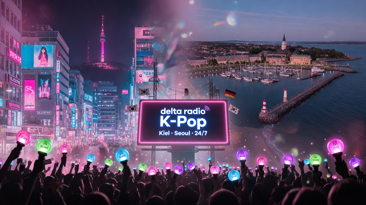 A dreamlike blend of Seoul's neon skyline and Kiel's harbor with K-pop lightsticks glowing in a crowd