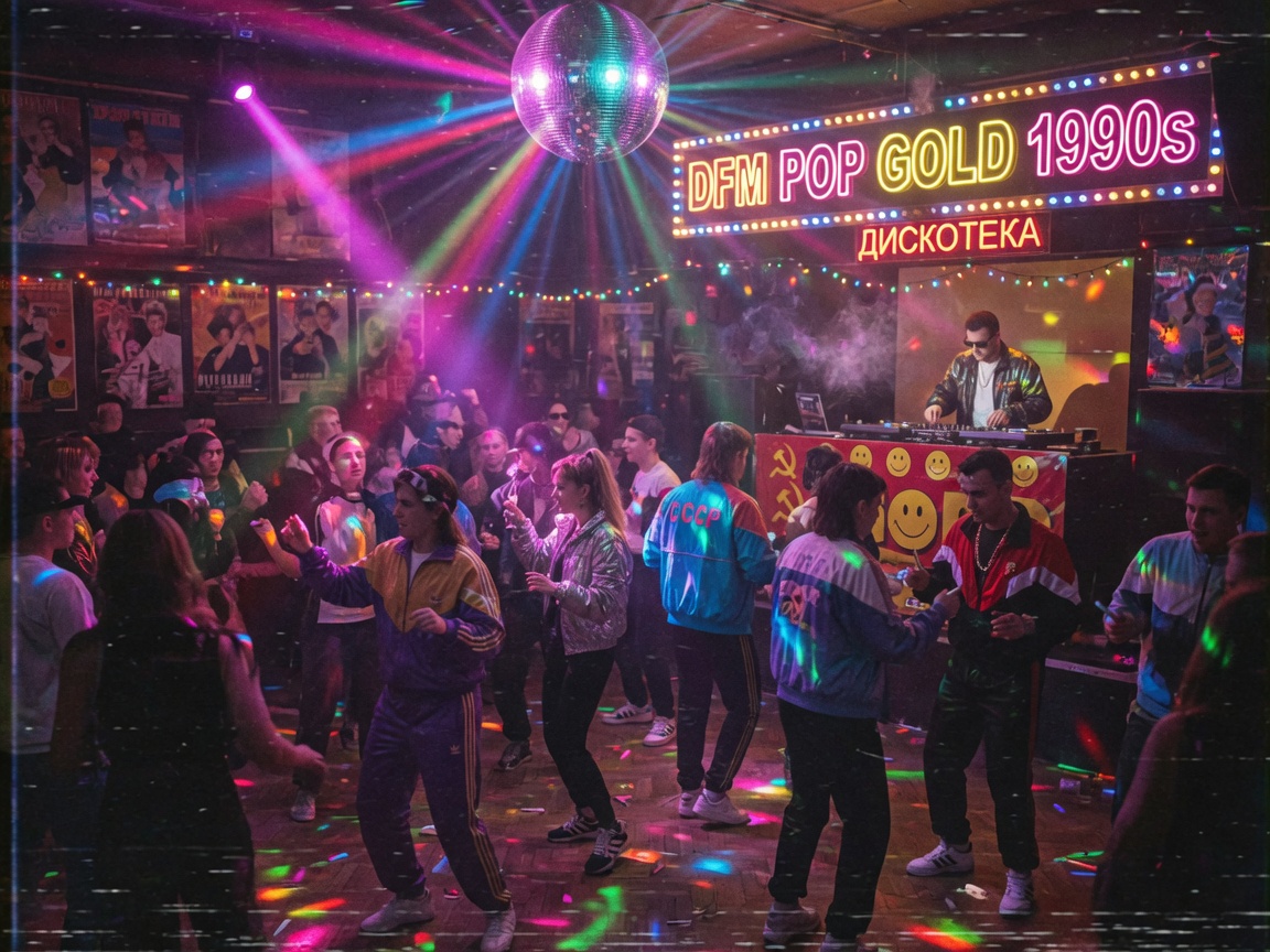 A neon 1990s Moscow dance floor evoking DFM POP GOLD 1990s