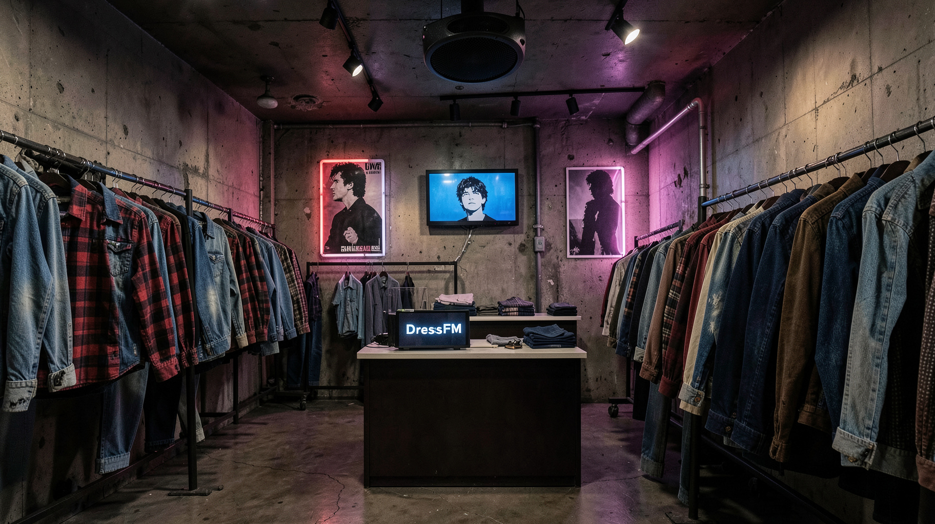 A fast-fashion store interior with a digital display above the counter reading DressFM