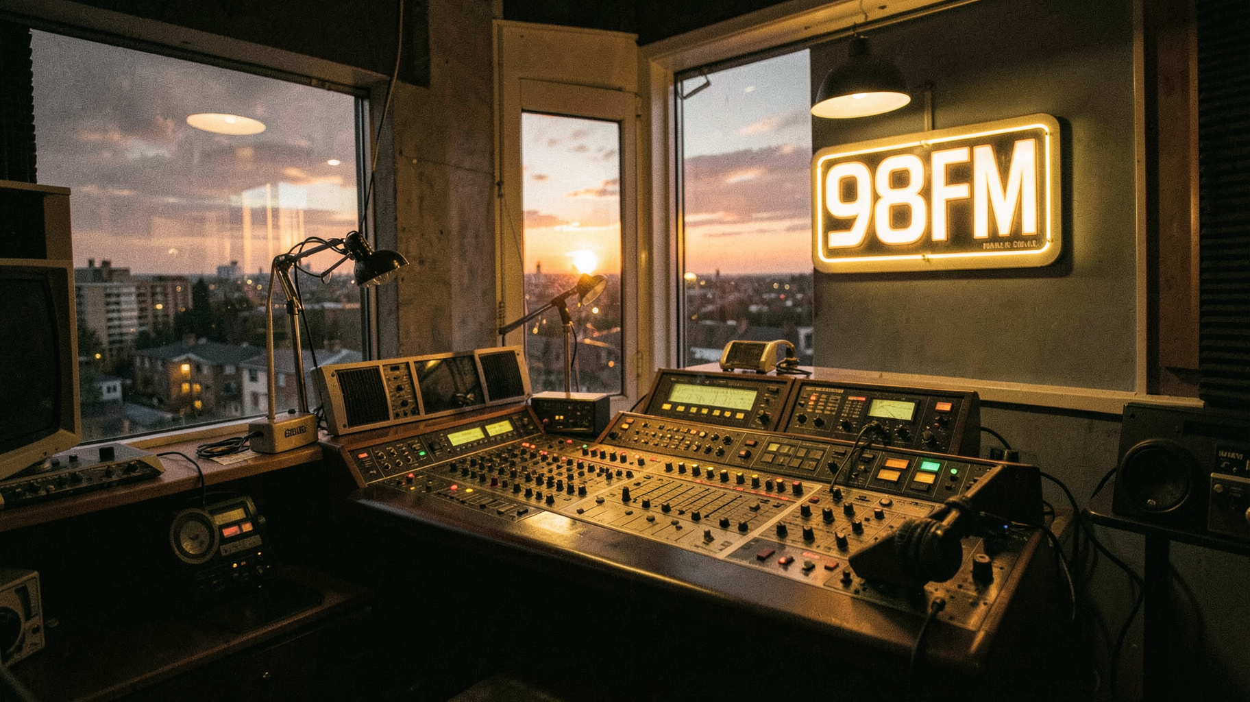 A classic 1980s style Dublin FM radio studio interior overlooking the Dublin skyline at sunset