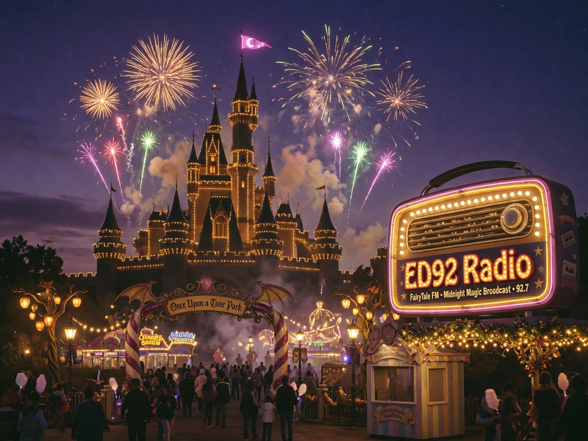A fairytale theme park castle glowing at night under fireworks with a marquee sign reading ED92 Radio