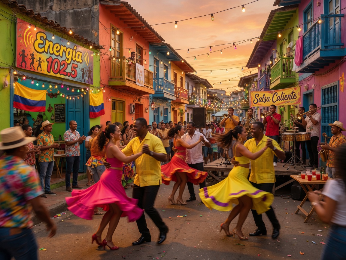 Vibrant salsa street dancing scene in Cali, Colombia, inspired by Energia 102.5 FM