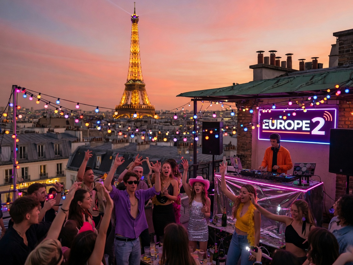 A vibrant Paris rooftop party at dusk with the Eiffel Tower glowing in the background and a DJ booth sign reading EUROPE 2