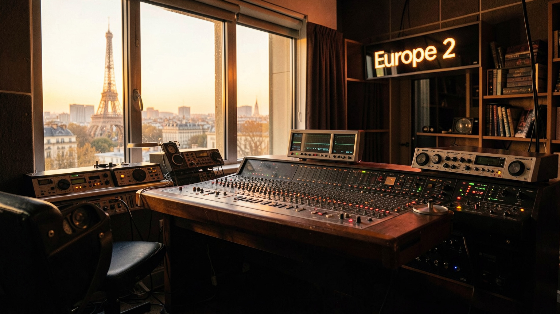 A Parisian radio studio at golden hour with a glowing sign reading Europe 2