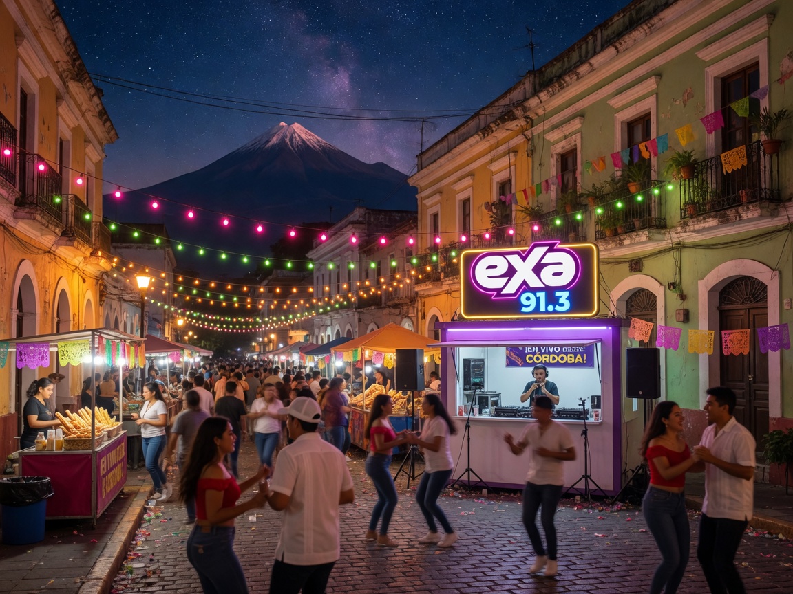 A lively street festival in Córdoba, Veracruz at night with a radio broadcast booth glowing with a sign reading EXA FM 91.3 and the Pico de Orizaba volcano silhouette in the distance