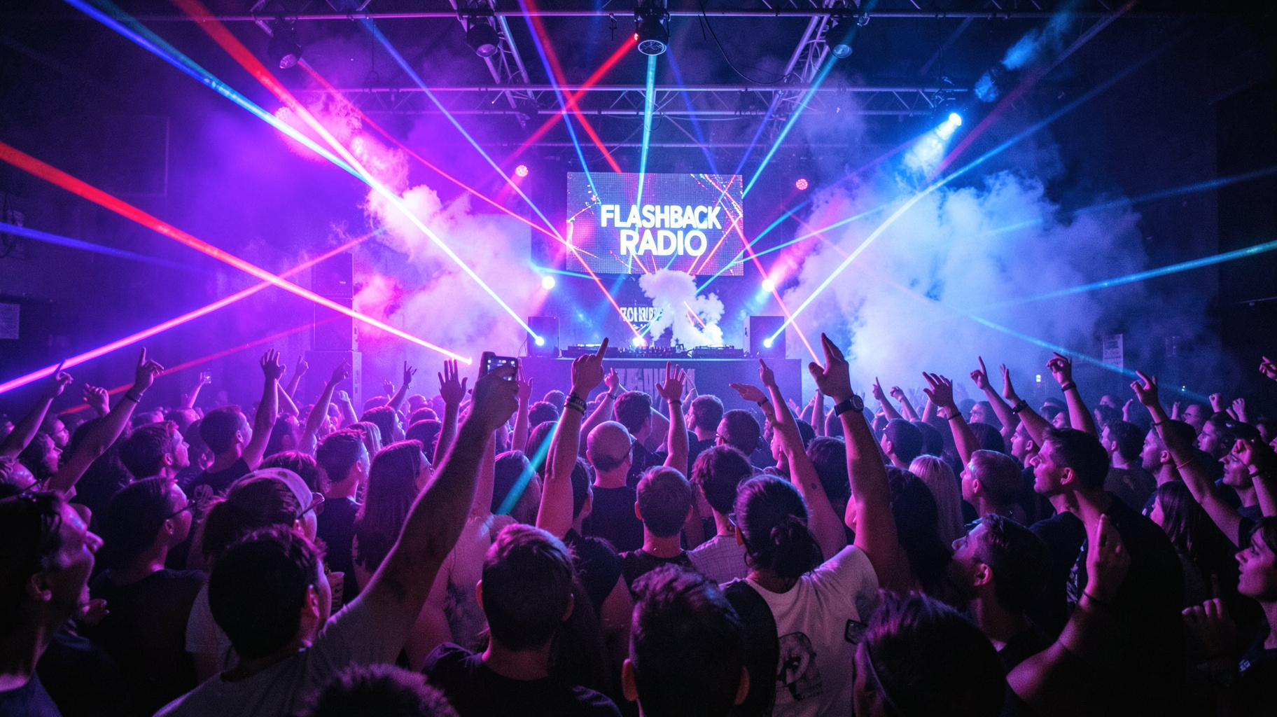 A packed 1990s UK rave crowd with hands raised under strobe lights, a DJ booth screen reading Flashback Radio