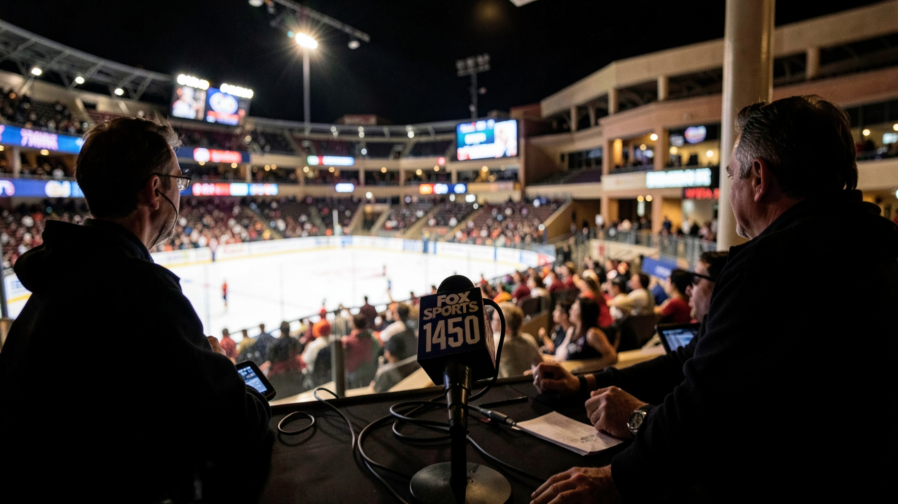 A sports radio broadcast booth overlooking a lit hockey rink with a microphone flag reading Fox Sports 1450