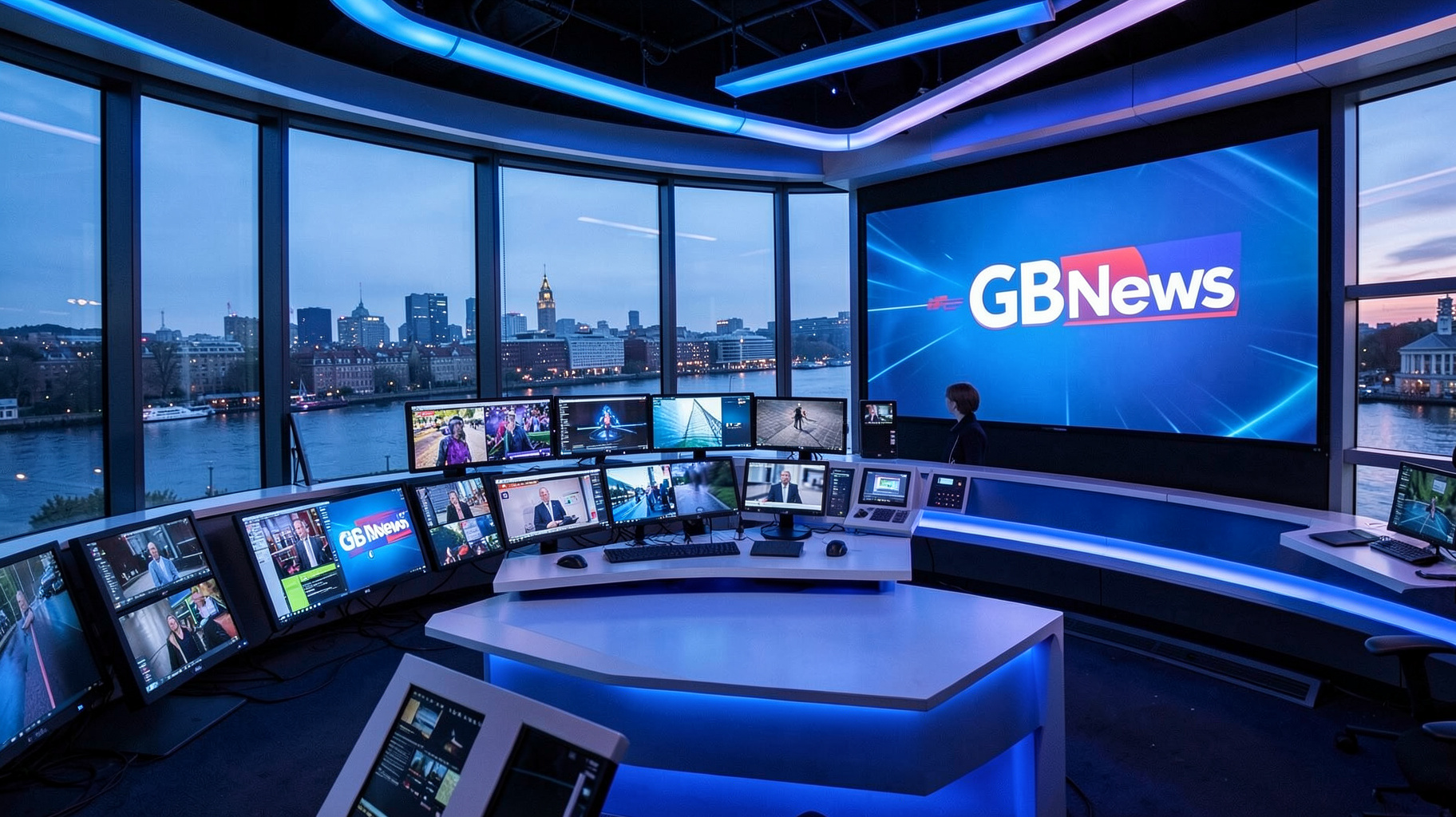 Modern London broadcast newsroom control room with GB News on studio monitors
