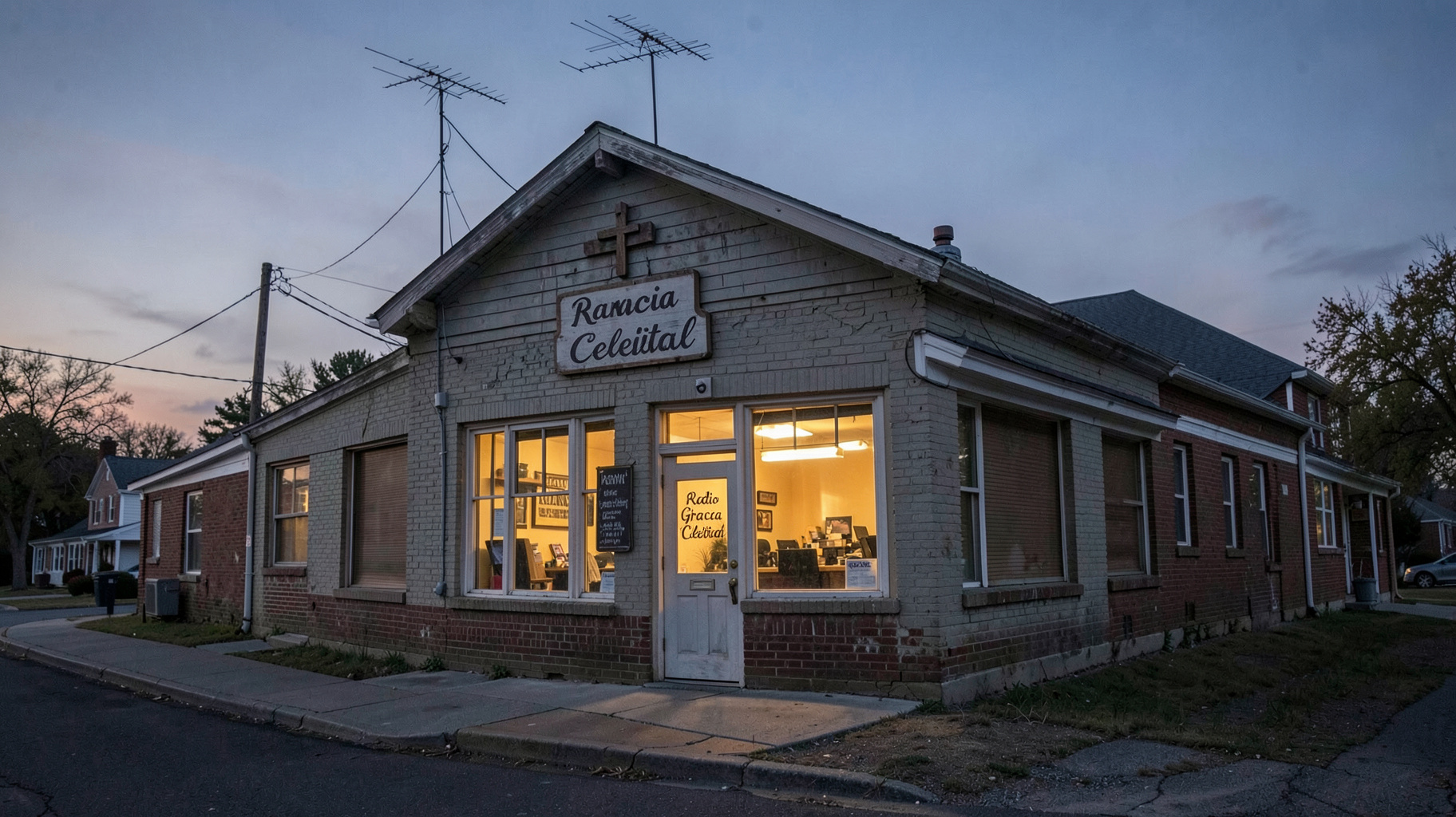 A small storefront church and radio station in Lexington, Kentucky with a sign reading Radio Gracia Celestial