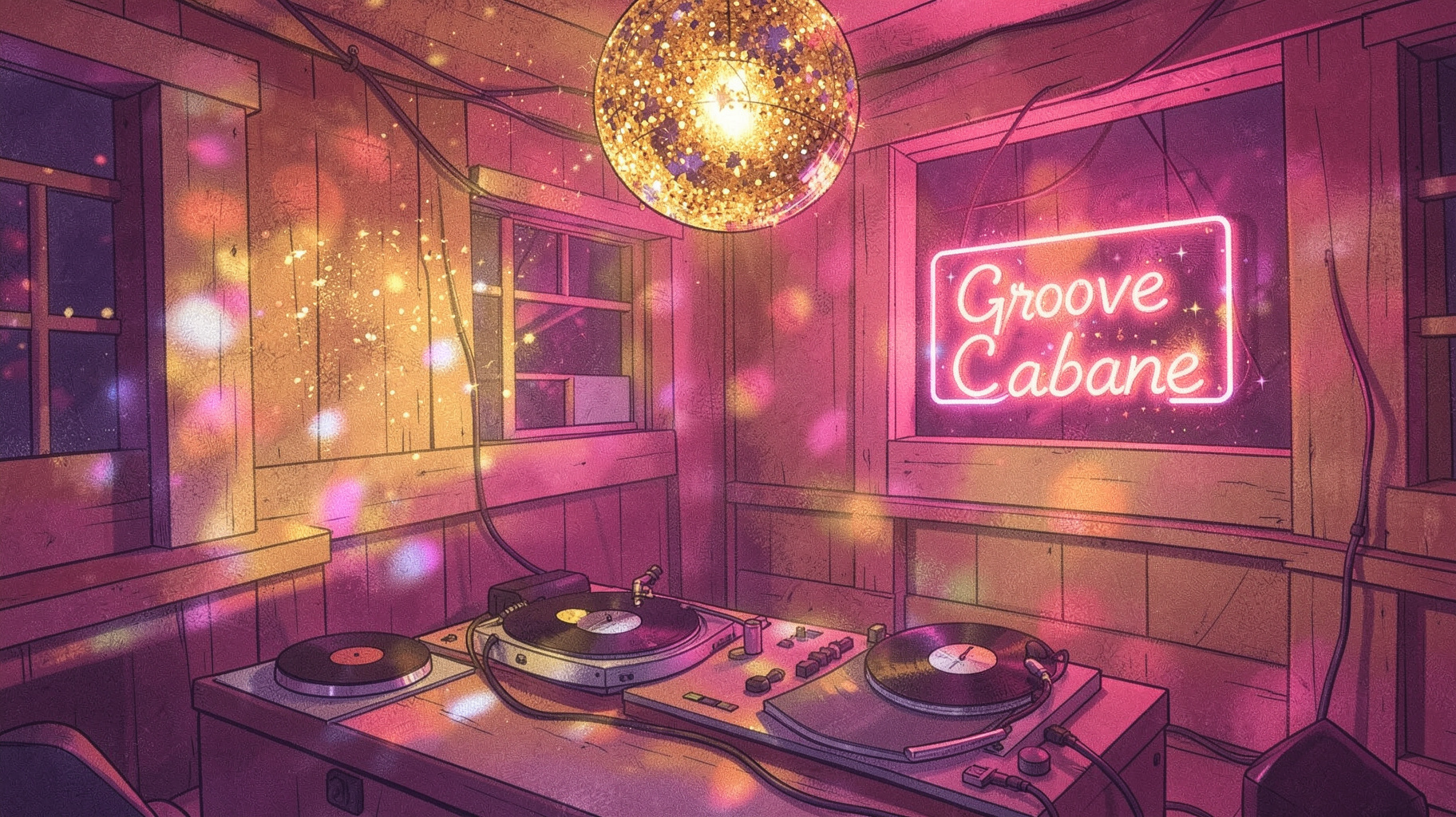 A cosy wooden cabin turned disco hideaway with a mirror ball, turntable and a neon sign reading Groove Cabane