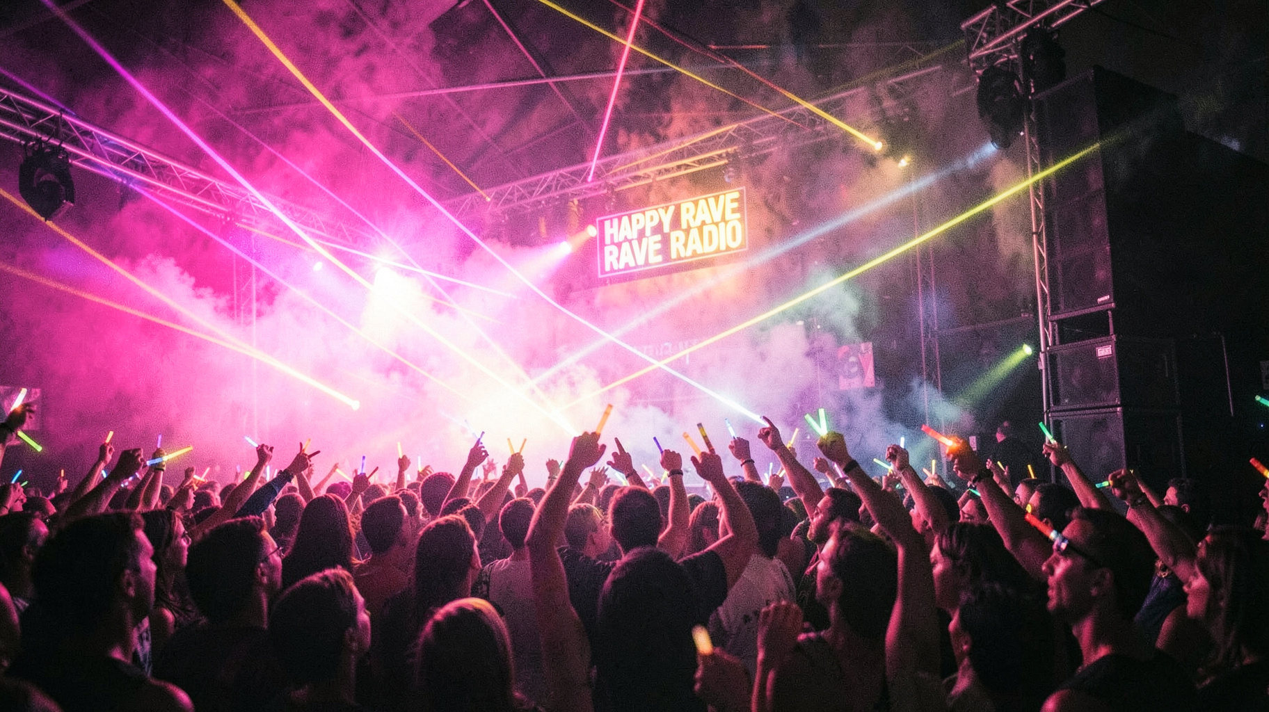 A euphoric 1990s UK rave crowd under strobe lights with a Happy Rave Radio sign glowing above a speaker stack