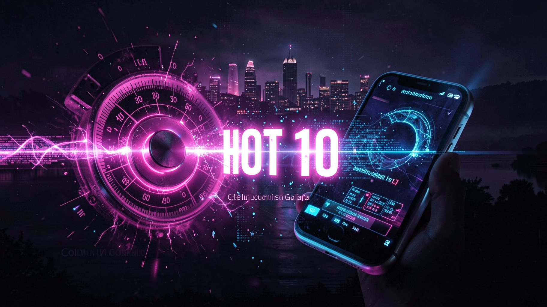 A vintage FM radio dial dissolving into glowing digital sound waves with HOT 100 lit up amid static