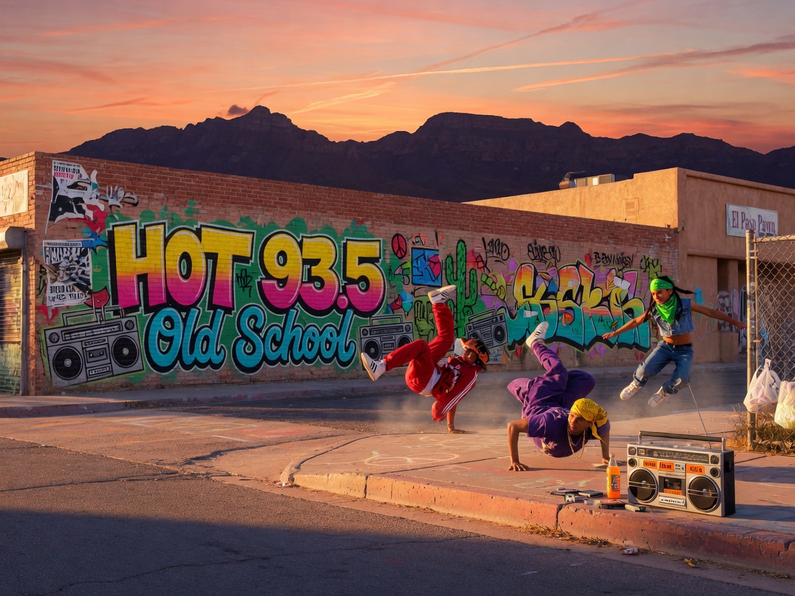 An old-school hip-hop street scene in El Paso at golden hour with a mural reading HOT 93.5 Old School