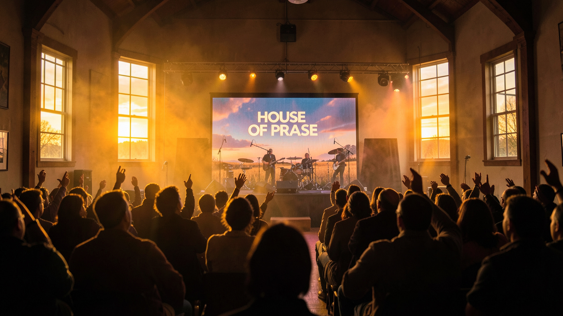 A worship night in an Oklahoma church hall with raised hands and a screen reading House of Praise