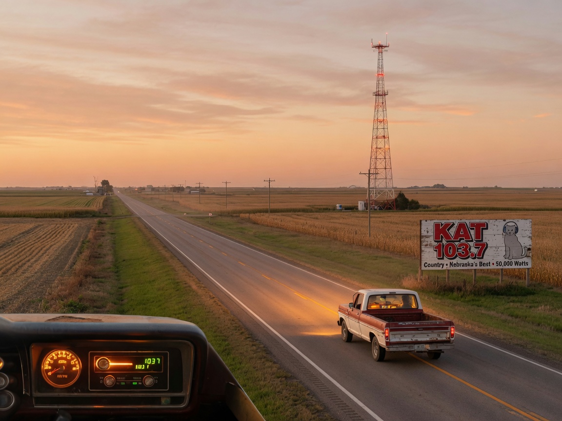 A golden hour highway through Nebraska farmland with a radio tower on the horizon