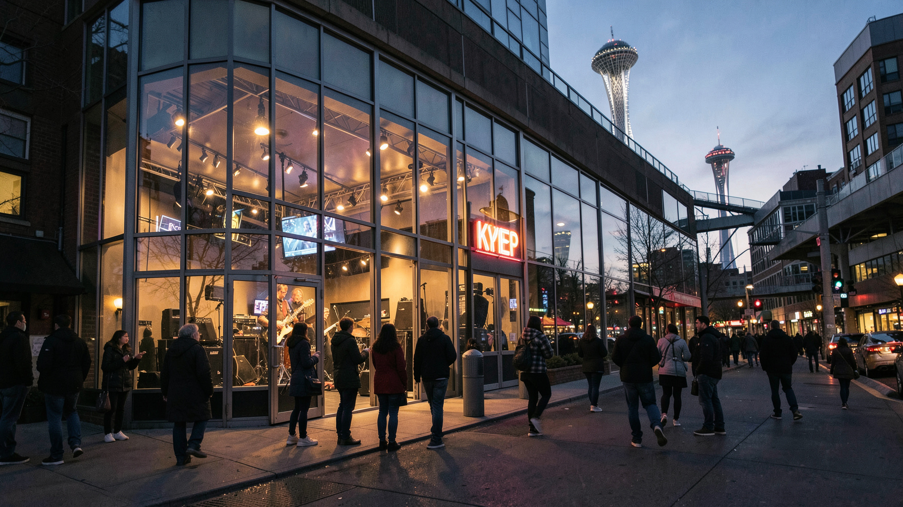 Glass-walled KEXP studio at Seattle Center with the Space Needle at dusk