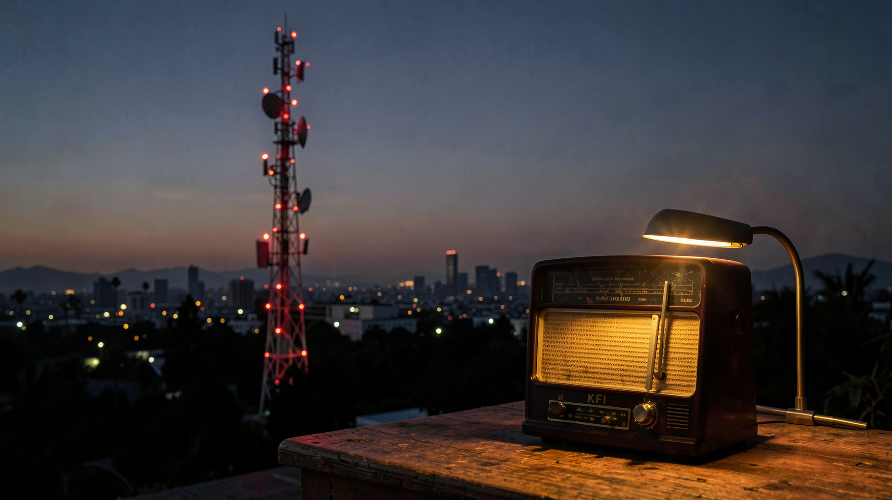 A tall AM radio broadcast tower against the Los Angeles skyline at dusk with a vintage tube radio and a plaque reading KFI
