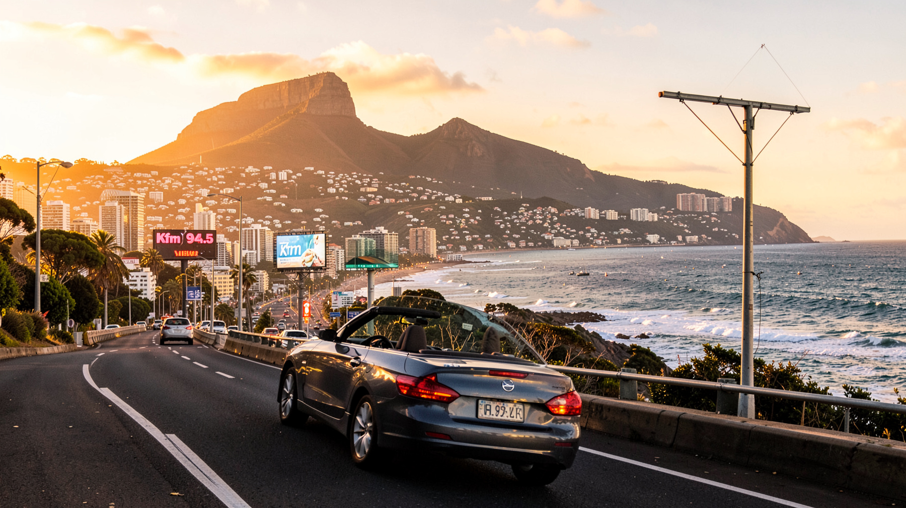 A Cape Town sunset with Table Mountain in the background and a billboard reading Kfm 94.5