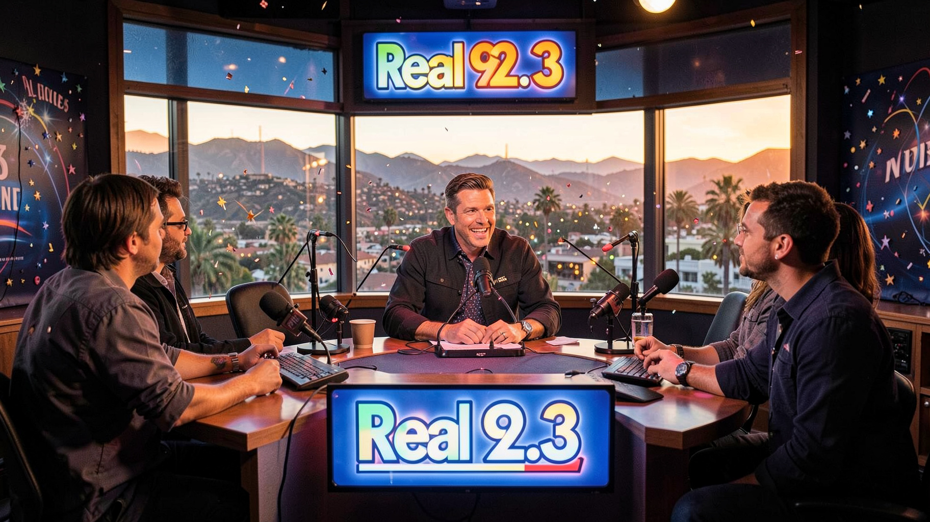 A star-studded Los Angeles hip-hop radio studio at golden hour with a sign reading Real 92.3