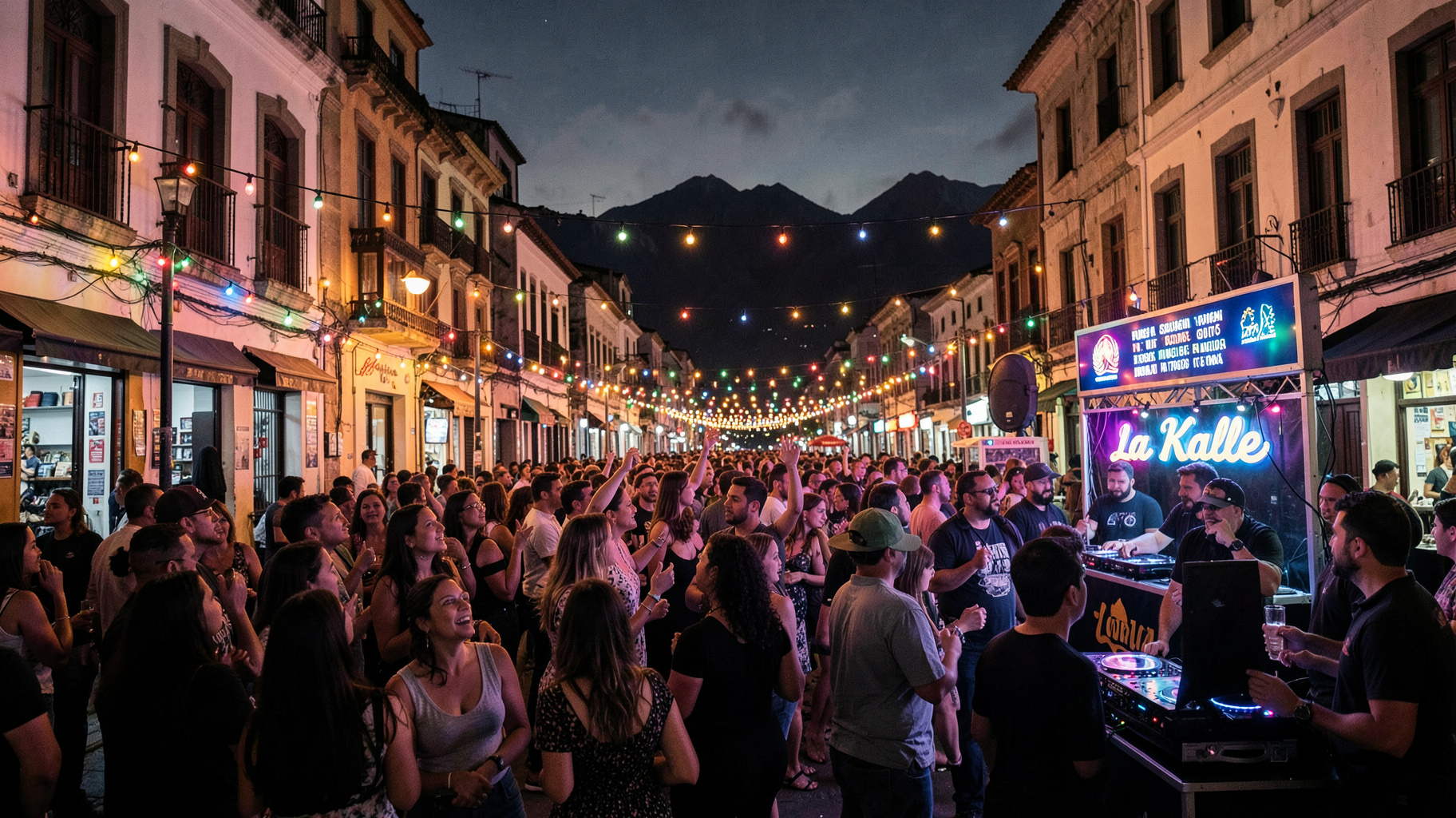 A vibrant reggaeton street party in Bogotá at night