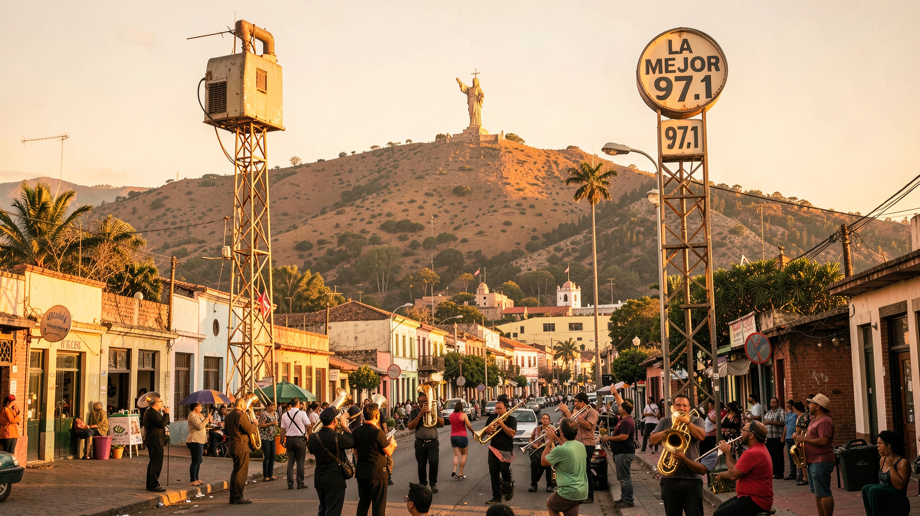 A golden-hour street scene in Torreón with the Cristo de las Noas statue and banda musicians performing near a radio tower