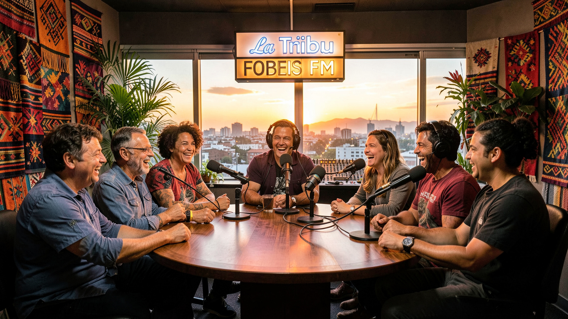 Morning radio studio scene in San Salvador for La Tribu FM